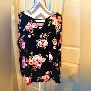 Long sleeve plus size 1X black floral blouse